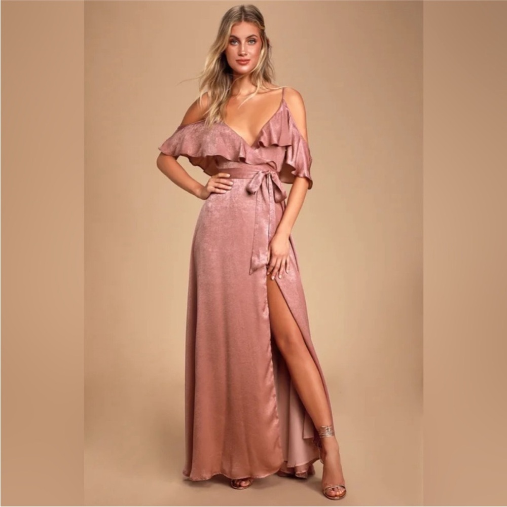 Lulu’s Moriah Rose Satin Cold-Shoulder Wrap Maxi Dress
